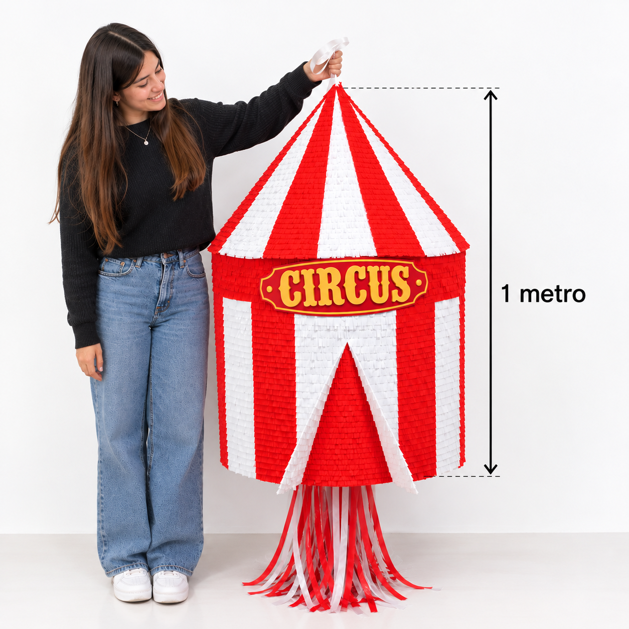 Piñata circense roja y blanca con medida